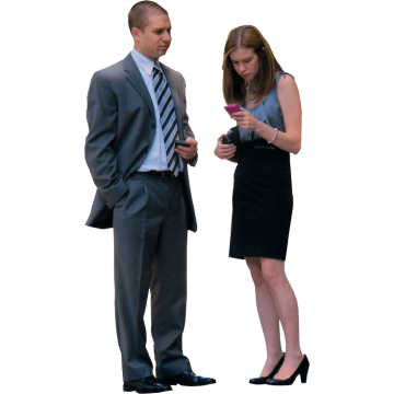 A man and women standing , two people talking image