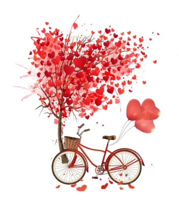 Red cruiser bike, Heart-shaped balloons, love, heart,