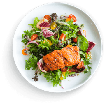 Salmon with vegetables salad in plate, leaf vegetable