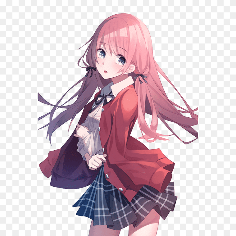 Pink Hair Cute High School Anime Girl Transparent PNG Download,,Anime Girl With Pink Hair Render - Hot Anime Girl Cute