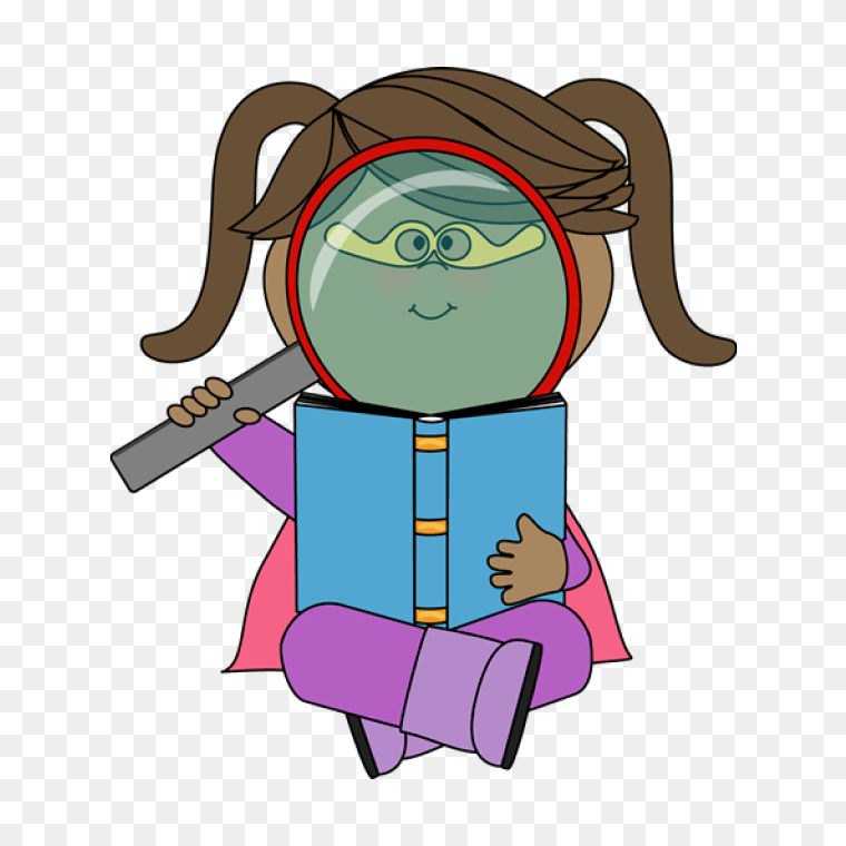 Girl Reading Book With Magnifying Glass Clipart PNG