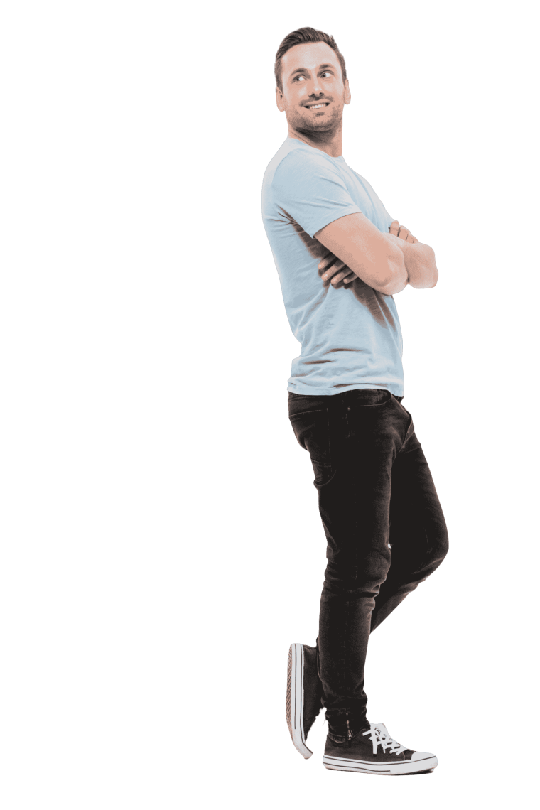 Man Standing With A Broad Transparent Image Download,Full-length portrait of young man in casual posing with broad smile and arms folded, looking backward